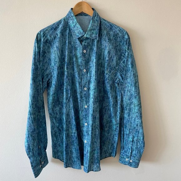 Bugatchi Shirt - Blue Patterned - Large - Shaped Fit - Picture 1 of 5
